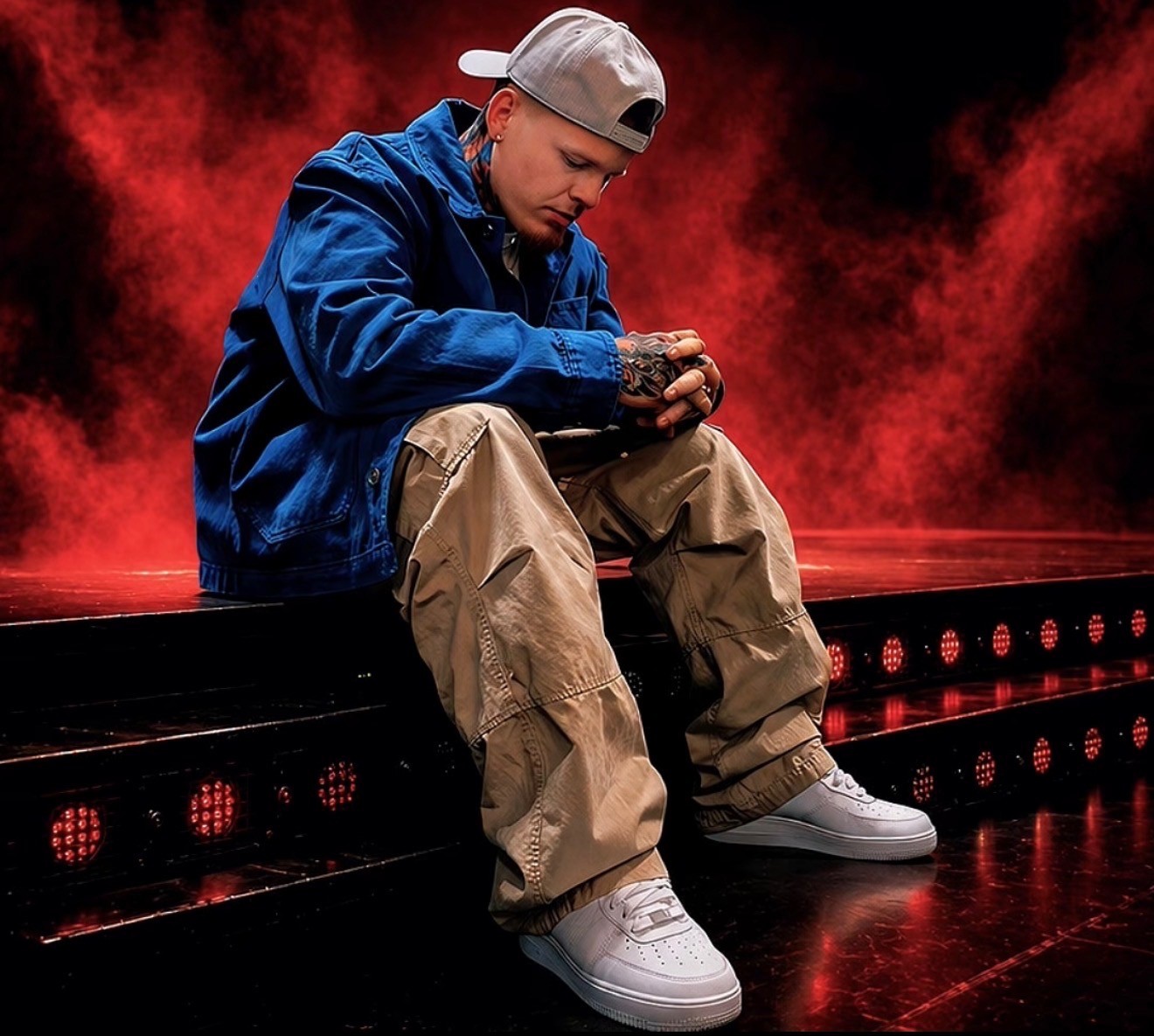 Luke Taleno seated on stage steps in dramatic red light and smoke — America's Got Talent Golden Buzzer artist from Hialeah